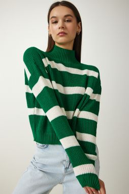 Happiness İstanbul Women's Green High Neck Striped Knitwear Sweater