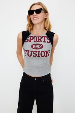 Trendyol Gray Melange Color Blocked Slogan Printed Fitted Crop Knitted T-Shirt