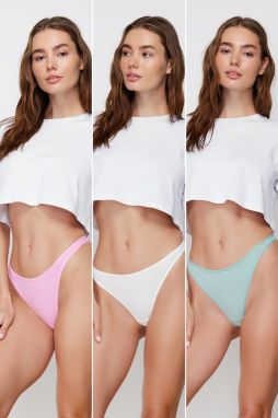 Trendyol Ecru-Pink-Green 3-Pack Cotton Thong Knitted Briefs