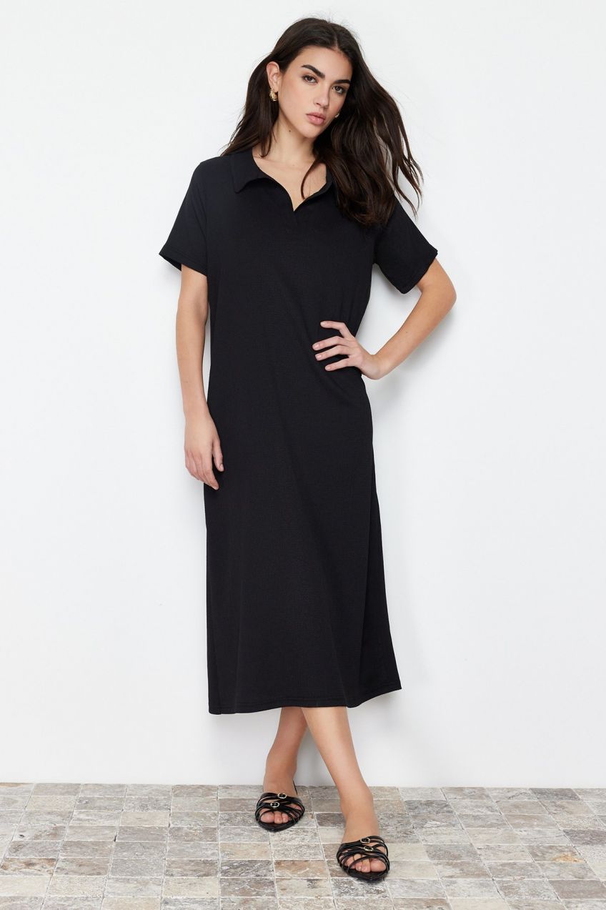 Trendyol Black Polo Neck Short Sleeve Midi Twist/Textured Knitted Dress