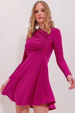 Trend Alaçatı Stili Women's Violet Asymmetric Collar Draped Sandy Flared Dress