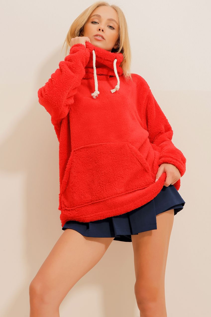 Trend Alaçatı Stili Women's Red High Neck Kangaroo Pocket Plush Sweatshirt