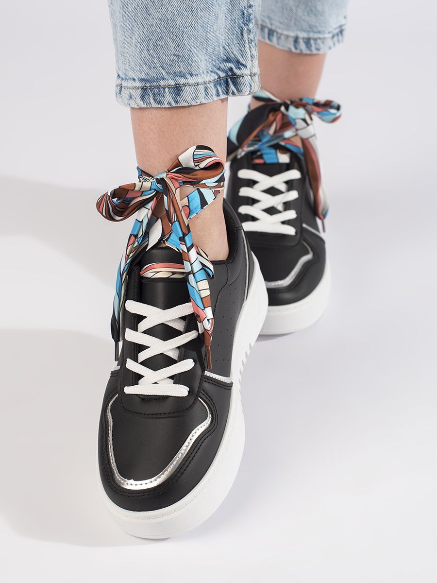 Shelvt Women's black sneakers tied with a ribbon