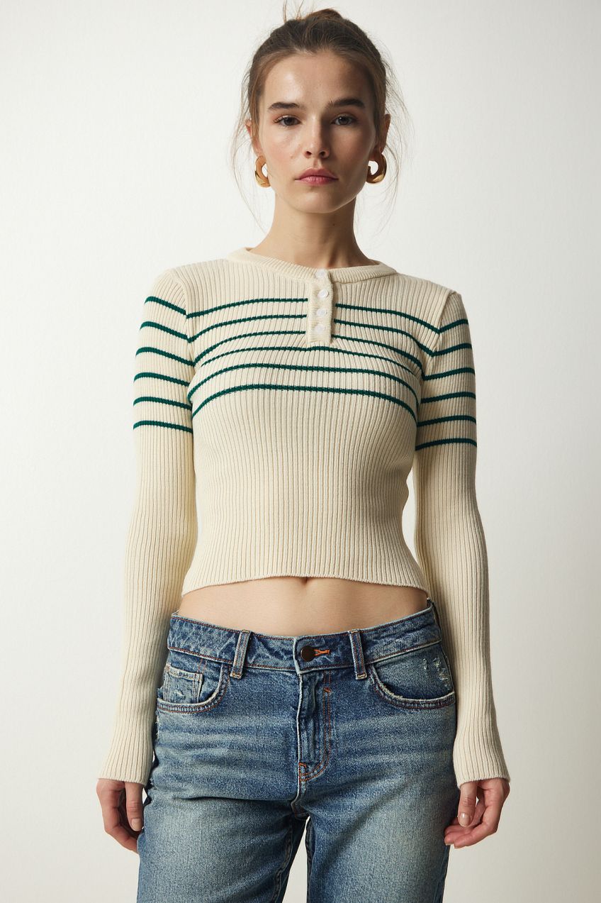 Happiness İstanbul Women's Cream Green Buttoned Collar Ribbed Crop Knitwear Blouse