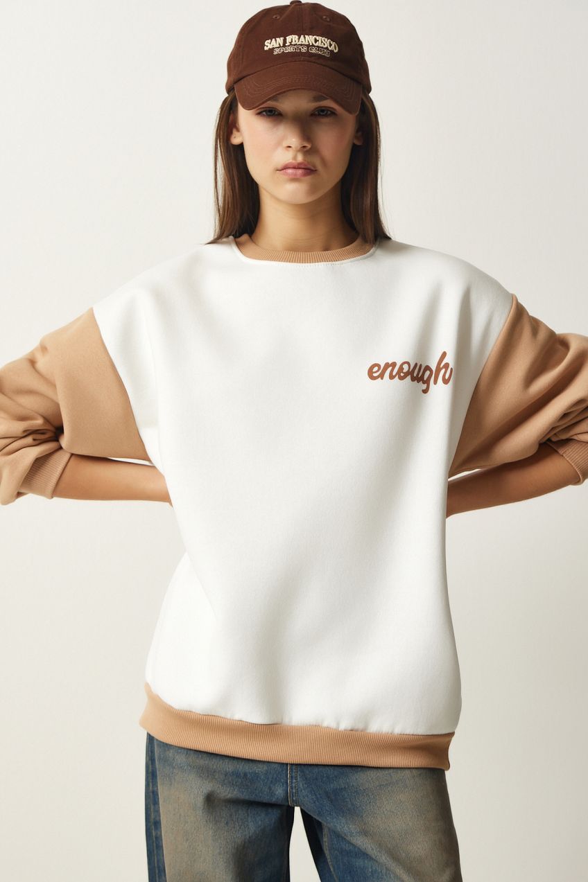 Happiness İstanbul Women's White Biscuit Block Color Raising Sweatshirt