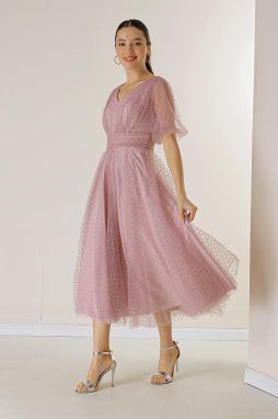 By Saygı Front Back V Neck Short Balloon Sleeve Square Spotted Silvery Dahlia Fabric Lined Dress