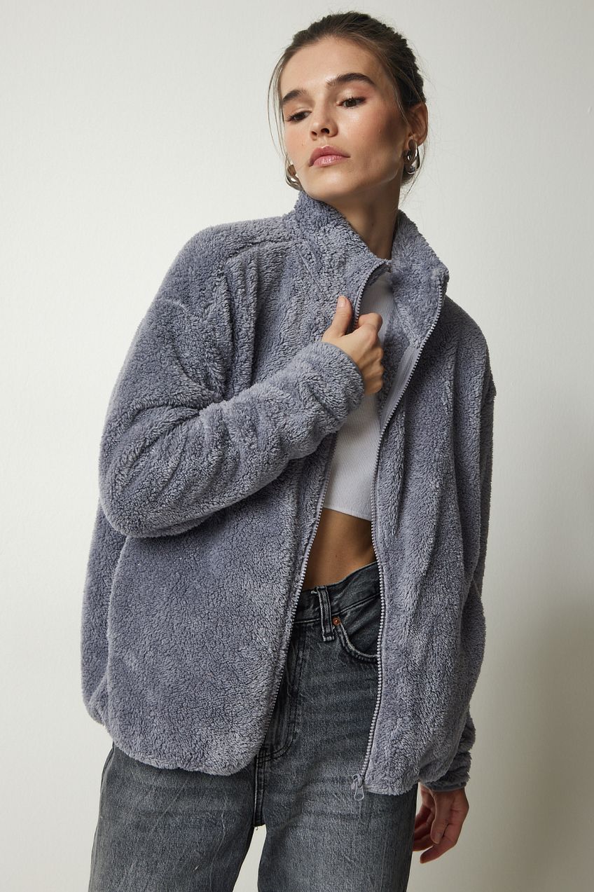 Happiness İstanbul Women's Gray Zippered Plush Cardigan