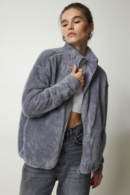 Happiness İstanbul Women's Gray Zippered Plush Cardigan