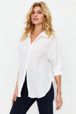 Trendyol Ecru Pruhovaná Oversize Voľná Textúrovaná Tkaná Košeľa