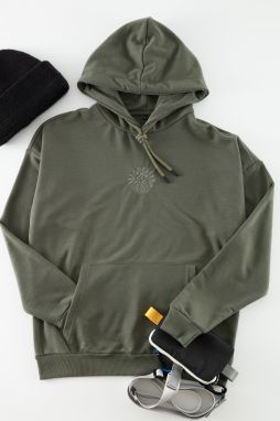 Trendyol Khaki Oversize/Široký Strih Mikina s Kapucňou a Kvetinovou Výšivkou