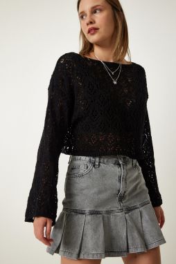 Happiness İstanbul Women's Black Boat Neck Openwork Seasonal Crop Knitwear Sweater