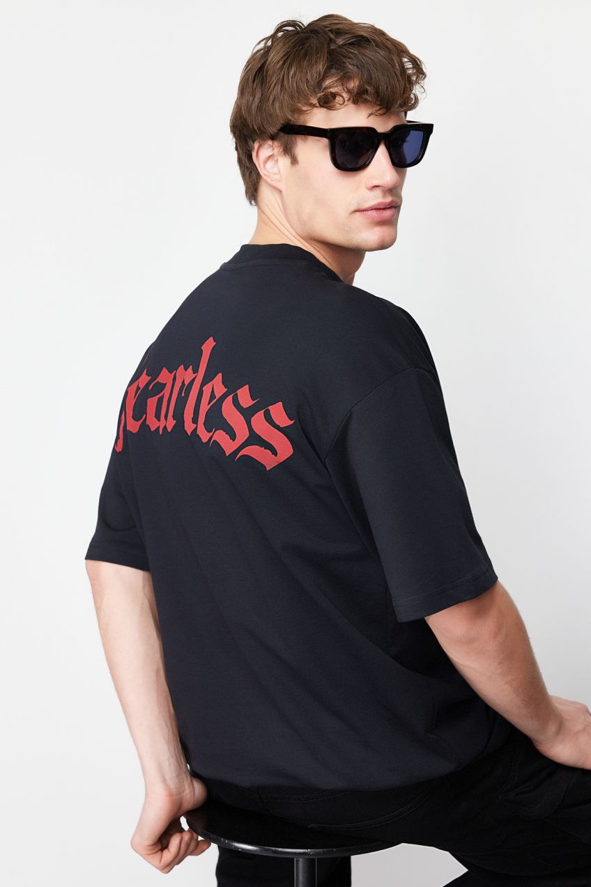 Trendyol Black Oversize Text Printed 100% Cotton Thick T-Shirt