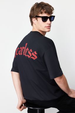 Trendyol Black Oversize Text Printed 100% Cotton Thick T-Shirt