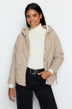 Trendyol béžová oversized mikina s kapucňou s detailom rebier, vodoodpudivý prešívaný nafukovací kabát