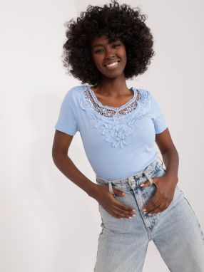 Light blue blouse with lace neckline