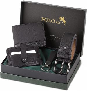 Opasok Polo Air, peňaženka, držiak na karty, kľúčenka, čierna sada v darčekovej krabičke