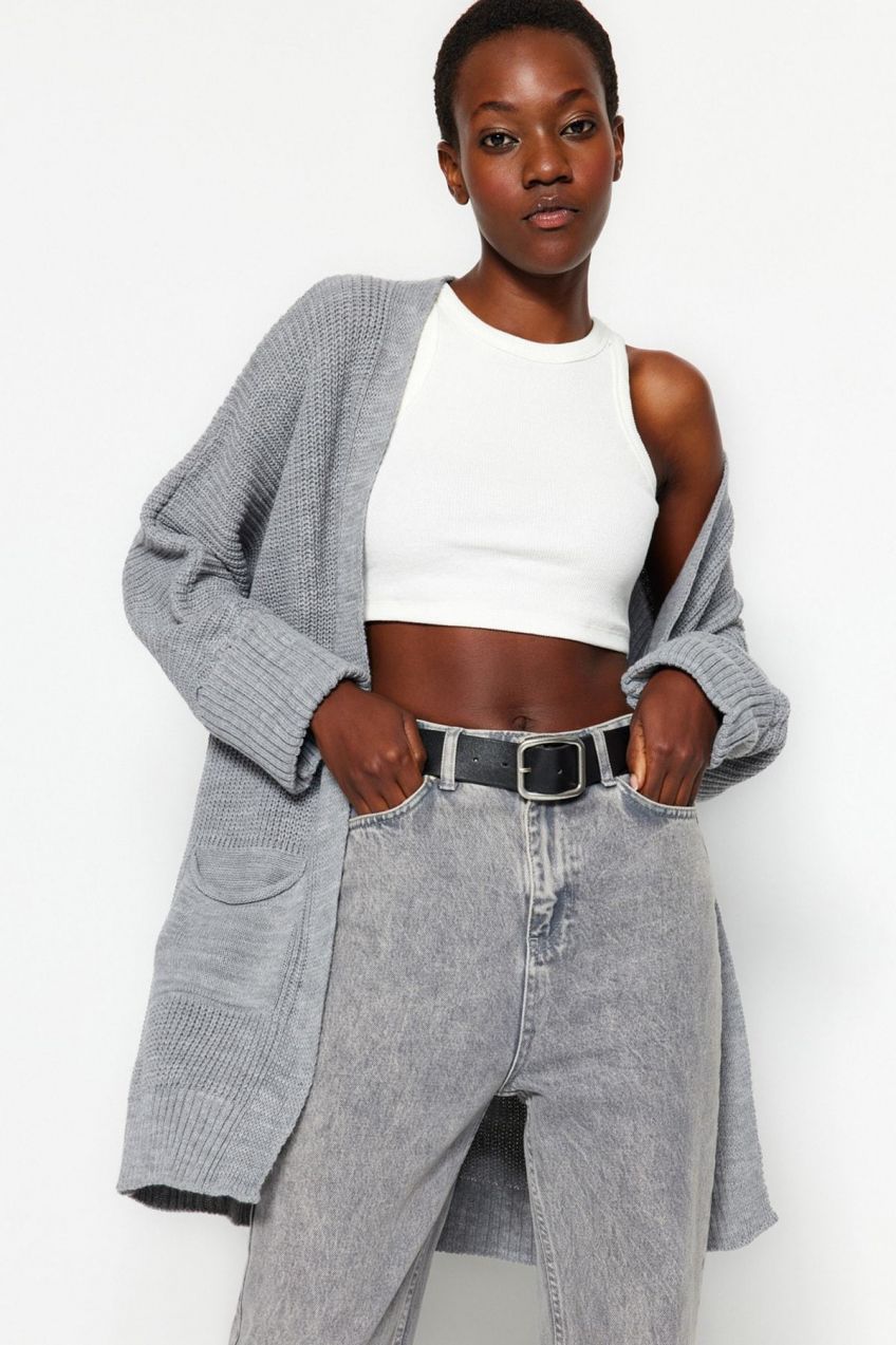 Trendyol Grey oversized úpletový kardigán