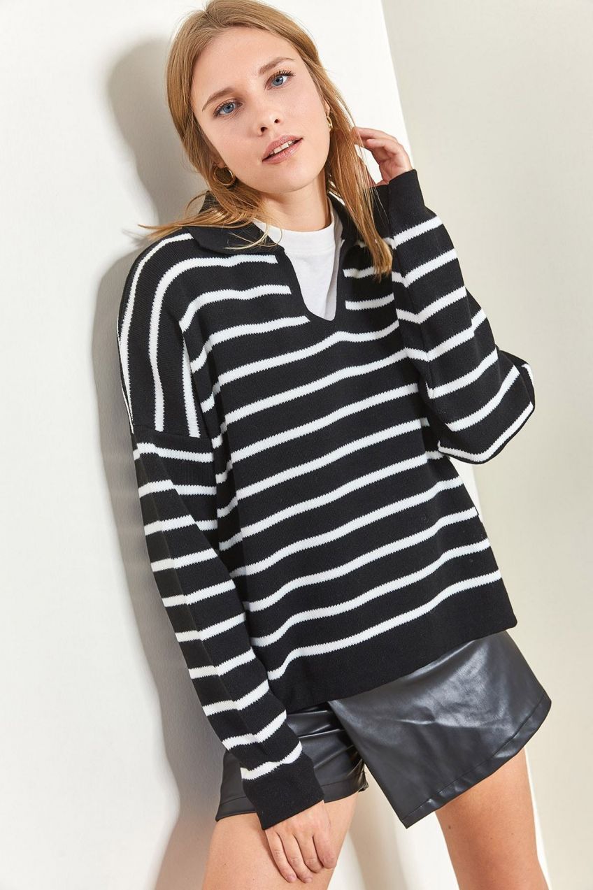 Bianco Lucci Dámsky Polo Výstrih Pruhovaný Oversized Pletený Sveter