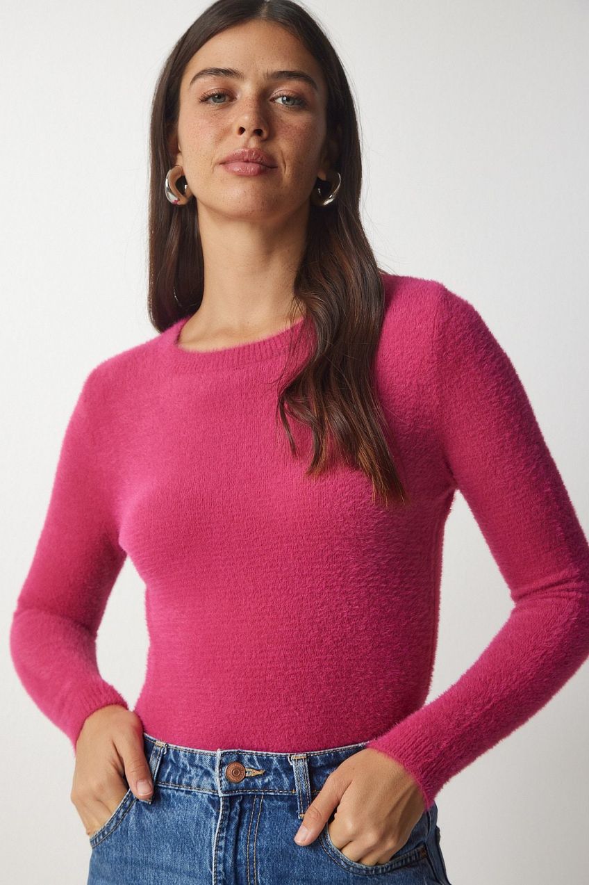Šťastie İstanbul Dámska Fuchsia Brada Základný pletený sveter