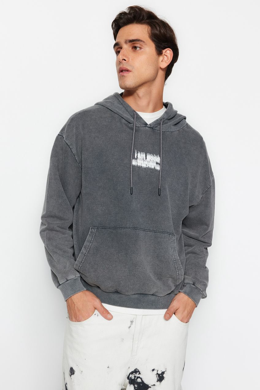 Trendyol Anthracite Oversize/Wide Cut Hooded Faded Effect Back Printed Sweatshirt