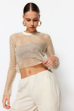 Trendyol Beige Lurex Mesh Relaxed Cut Crew Neck Crop Knitted Blouse
