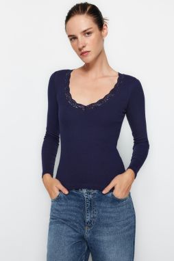 Trendyol Navy Blue V-Neck Lace Detail Ribbed Fitted/Situated Cotton Stretch Knit Blouse