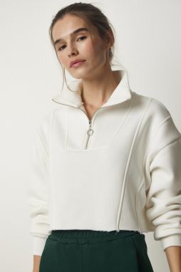 Happiness İstanbul Women's Ecru Zipper Raised Crop Knitted Sweatshirt