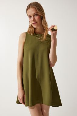 Happiness İstanbul Women's Khaki Crew Neck Summer Woven Bell Dress