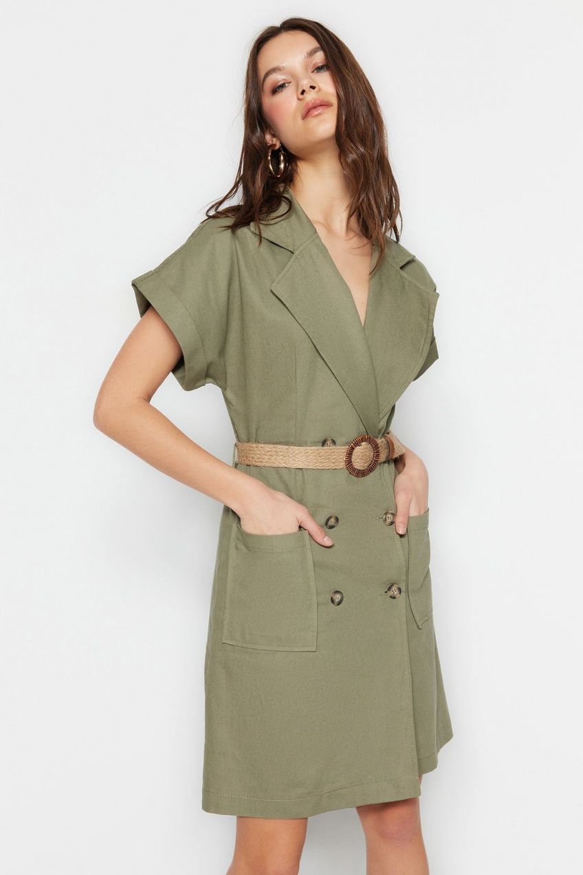 Trendyol Khaki Dvojradové mini tkané šaty s vreckom