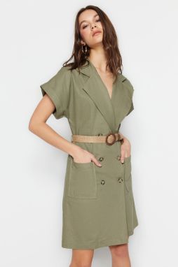Trendyol Khaki Dvojradové mini tkané šaty s vreckom