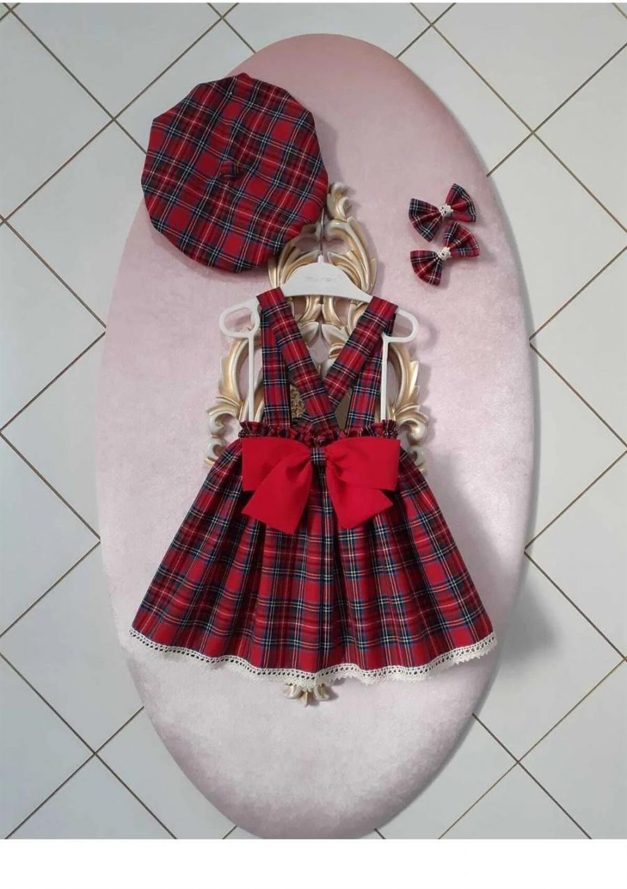 N7995 Dewberry Baby Plaid Salopette Dress & Hat & Buckle Set-RED