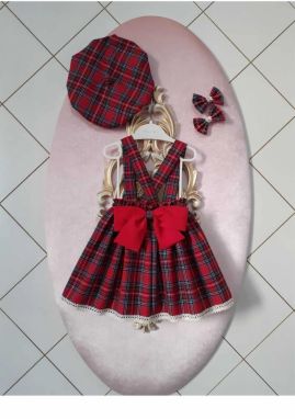 N7995 Dewberry Baby Plaid Salopette Dress & Hat & Buckle Set-RED
