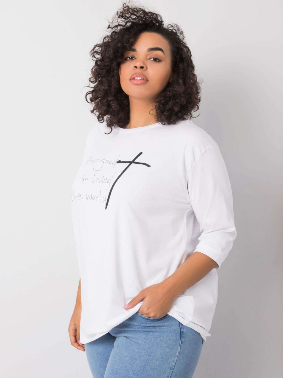 White blouse with a rhinestone inscription