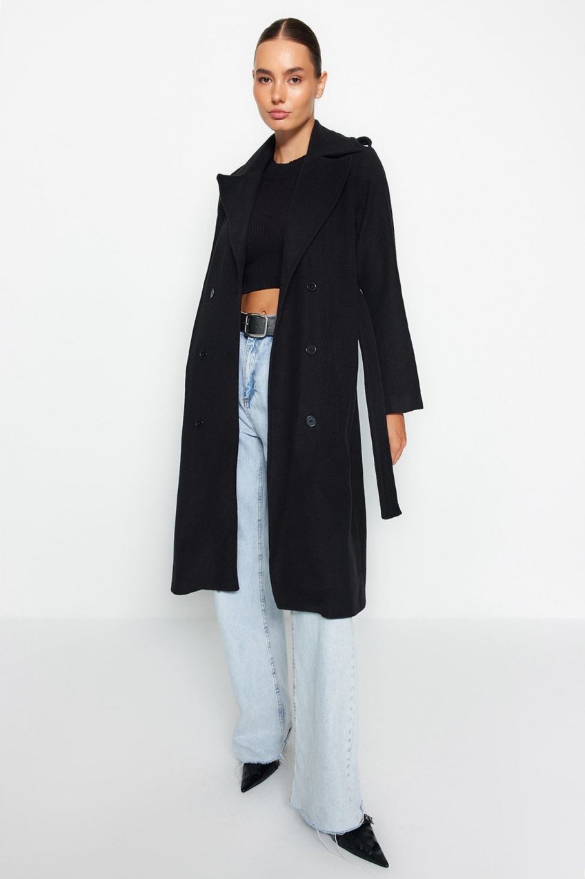 Trendyol Black Belted Epaulette detailný dlhý vlnený kabát