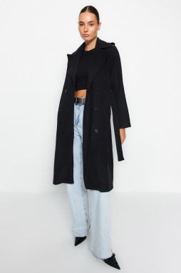 Trendyol Black Belted Epaulette detailný dlhý vlnený kabát