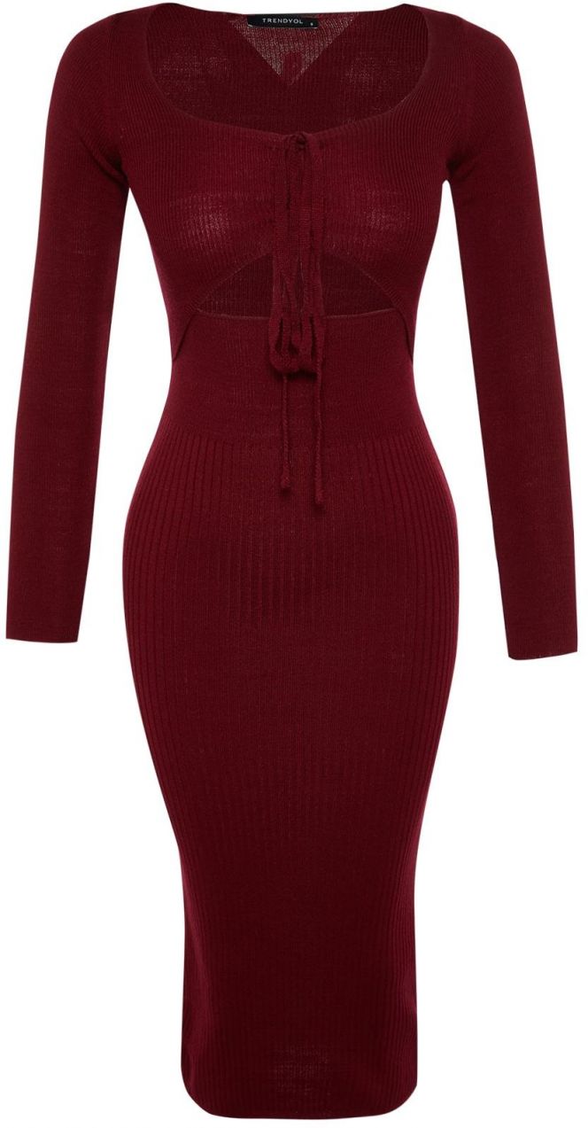 Trendyol Claret Red midi úplet okenný výstrih/out šaty