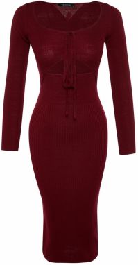 Trendyol Claret Red midi úplet okenný výstrih/out šaty