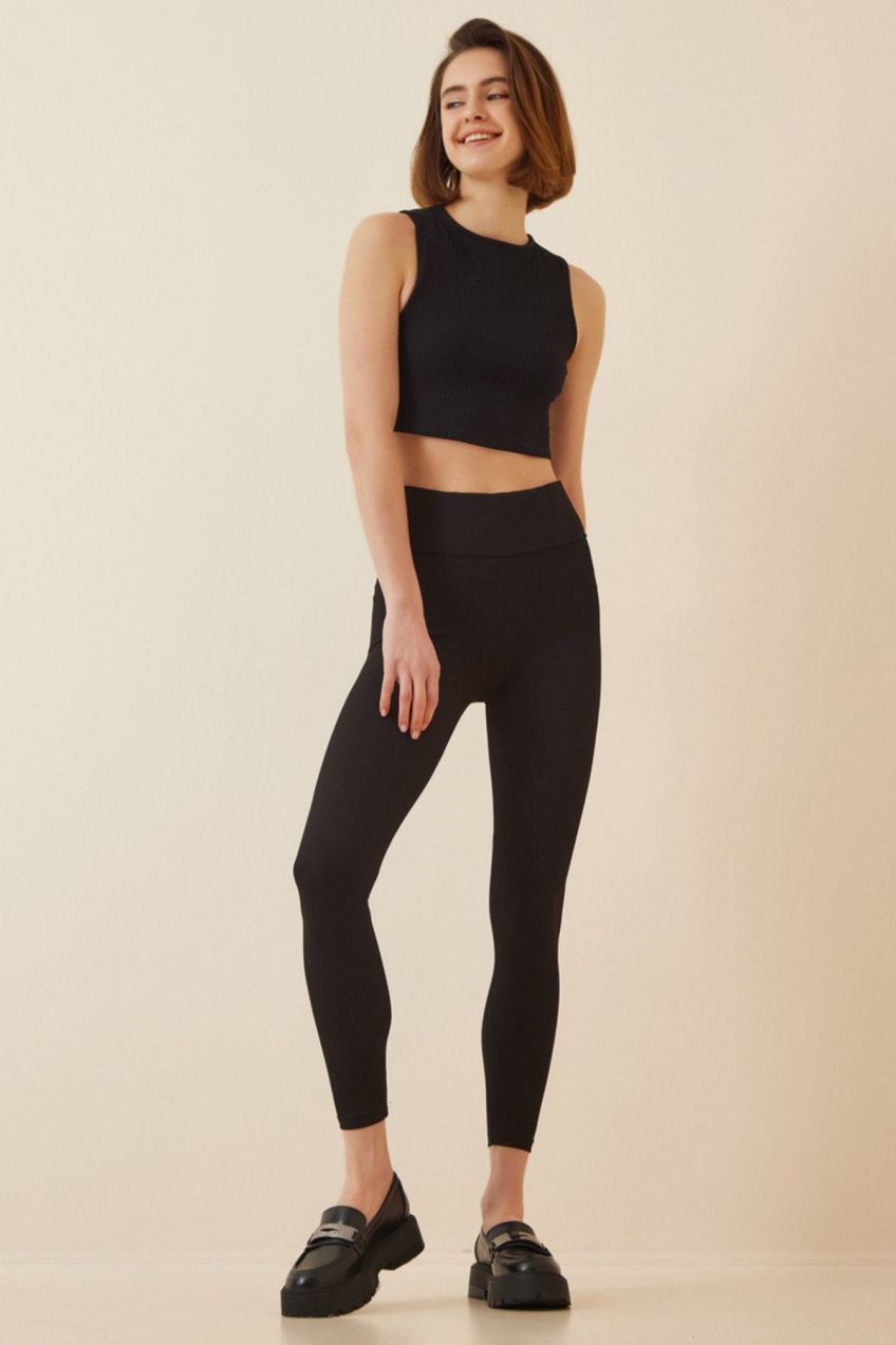 Happiness İstanbul Women's Black High Waist Ribbed Knitted Leggings