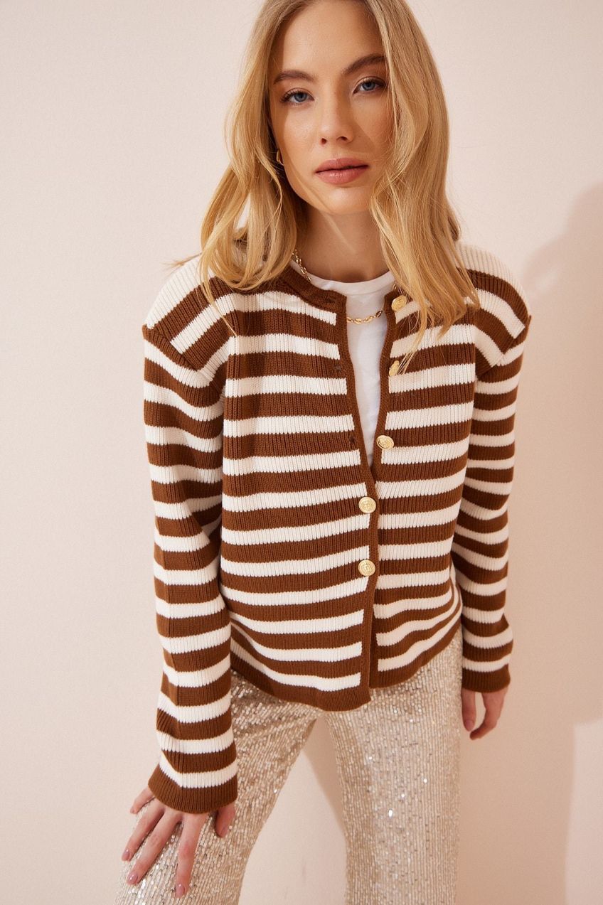 Happiness İstanbul Women's Bone Brown Wadding Striped Knitwear Cardigan