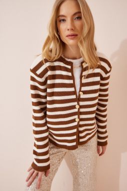Happiness İstanbul Women's Bone Brown Wadding Striped Knitwear Cardigan