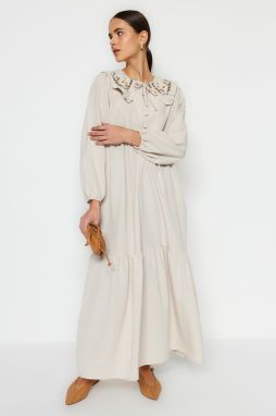 Trendyol Cream Collar Embroidered Half Pat Linen Look Woven Dress