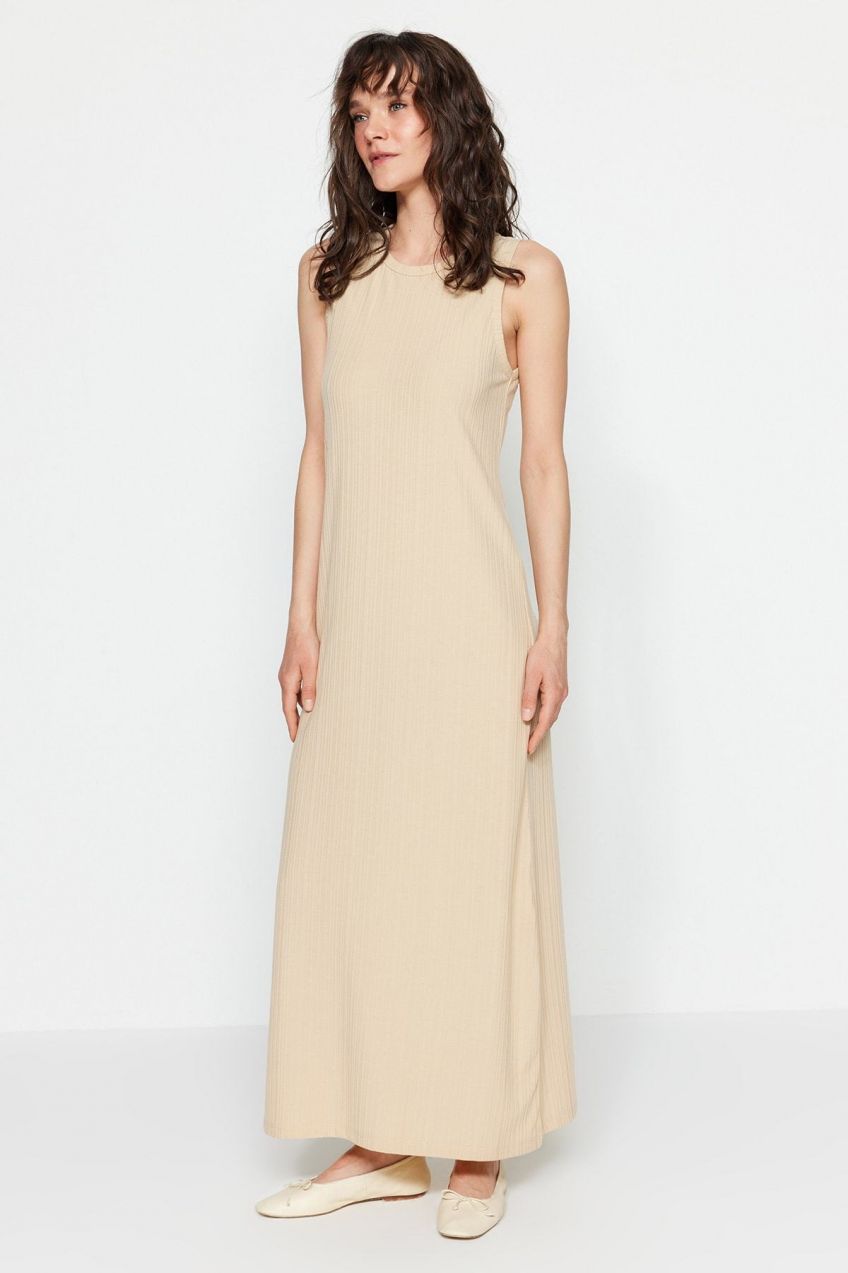 Trendyol Beige Ribbed Knitted Sleeveless Lining Underwear Dress
