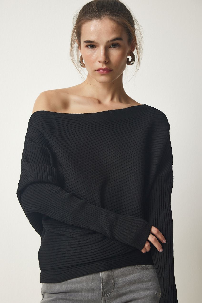 Happiness İstanbul Women's Black Asymmetric Collar Ribbed Sweater