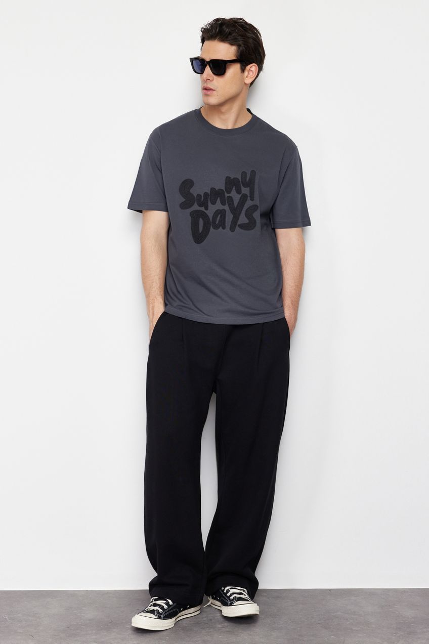 Trendyol Anthracite Relaxed/Comfortable Cut Text Embroidered 100% Cotton Short Sleeve T-Shirt