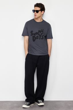 Trendyol Anthracite Relaxed/Comfortable Cut Text Embroidered 100% Cotton Short Sleeve T-Shirt