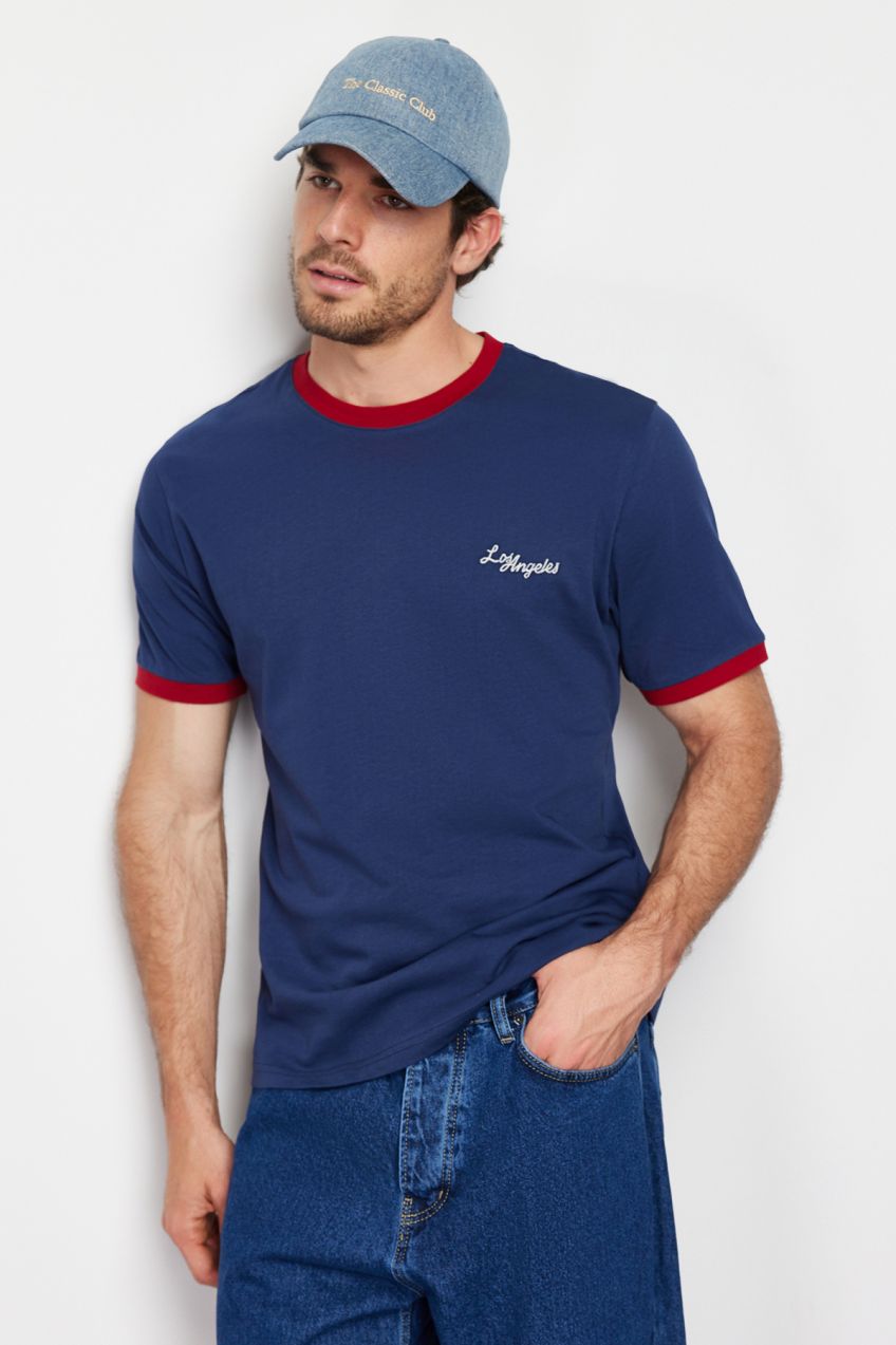 Trendyol Navy Blue Relaxed Printed Color Blocked 100% Cotton T-Shirt