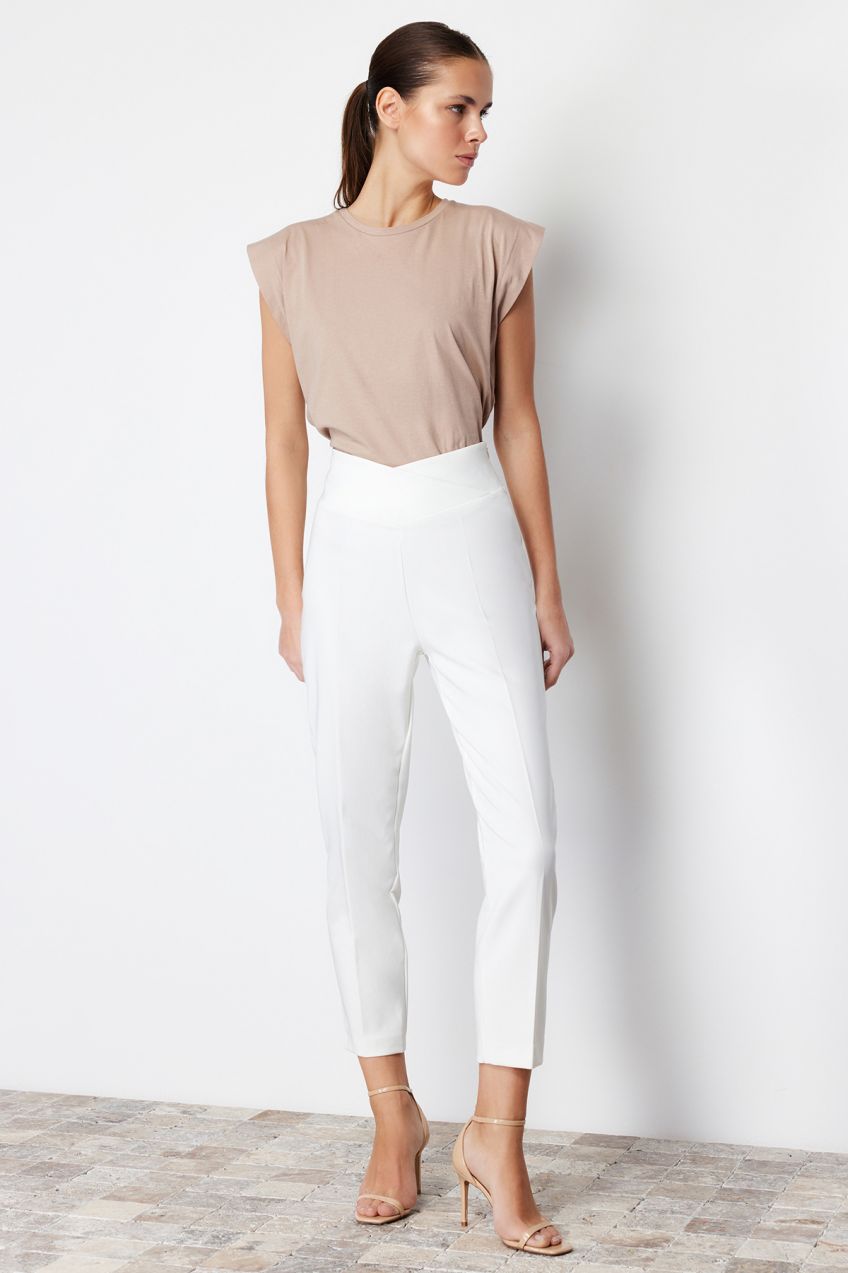 Trendyol Ecru Cigarette Ribbed Waist Detail Woven Trousers