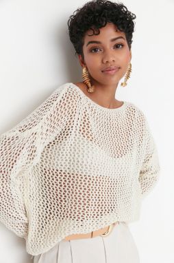 Trendyol Ecru extra široký fit bavlnený prelamovaný/perforovaný sveter Tricot