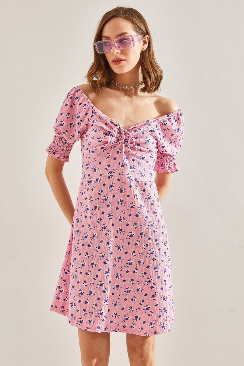 Bianco Lucci Women's Front Gathered Flower Patterned Dress