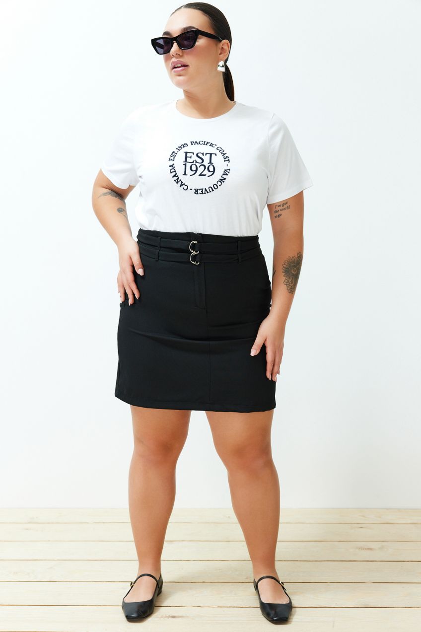 Trendyol Curve Black High Waist Double Belt Detailed Woven Skirt